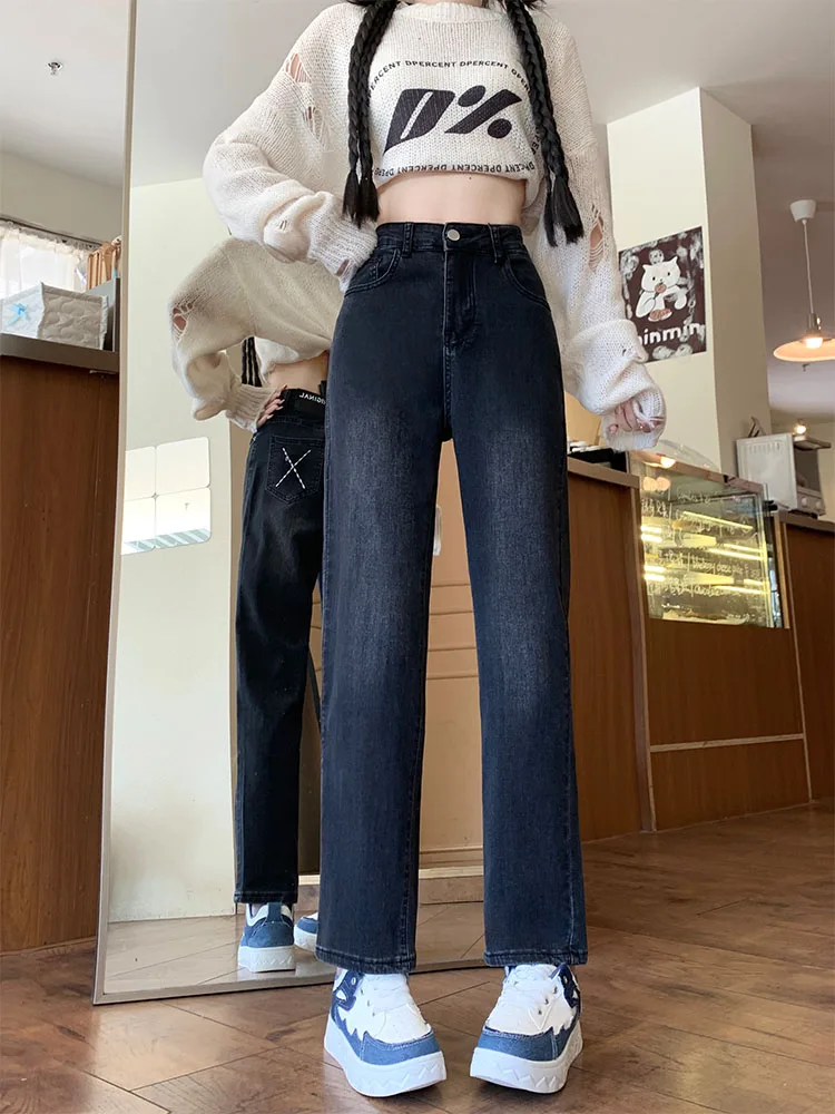 Dżinsy damskie z wysokim stanem, proste nogawki, plus size, elastyczne spodnie typu nine tube, jesienne nowości, stylizowane na casual, bawełniane, elastyczne dżinsy.