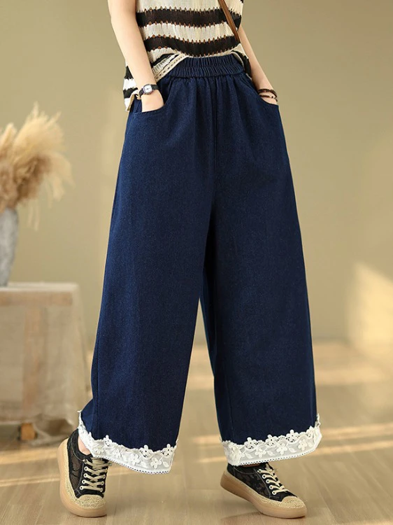 

Waed Denim Lace Trim Casual Pants Large Size Women's Elastic Waist Loose Fit Straight Leg Wide Leg Pants Artistic Sle