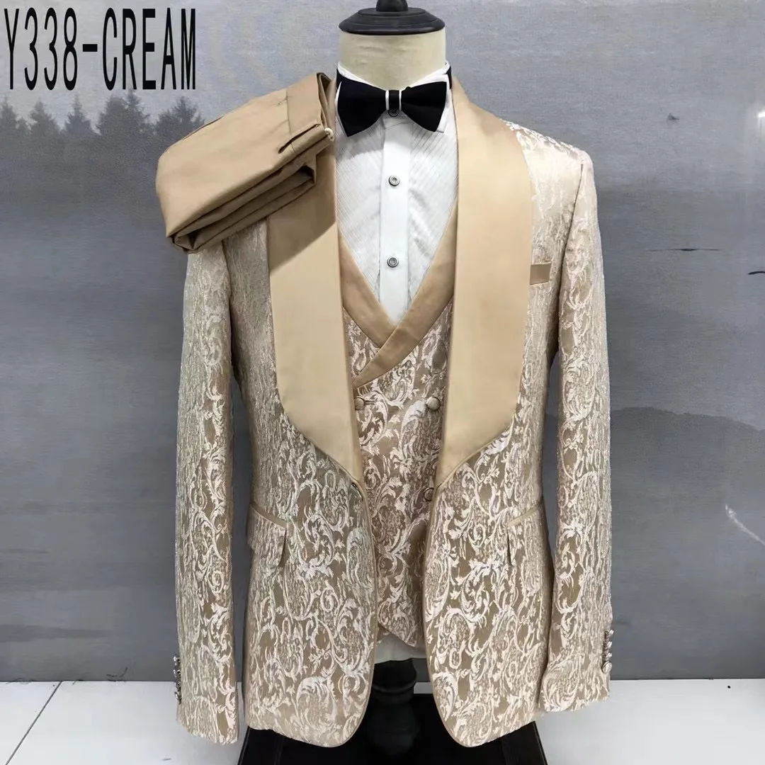 Classic Shawl Lapel Suit Sets For Men Fashion Printed Blazer Vest Pants 3 Pieces Wedding Banquet Groomsman High Quality Outfits