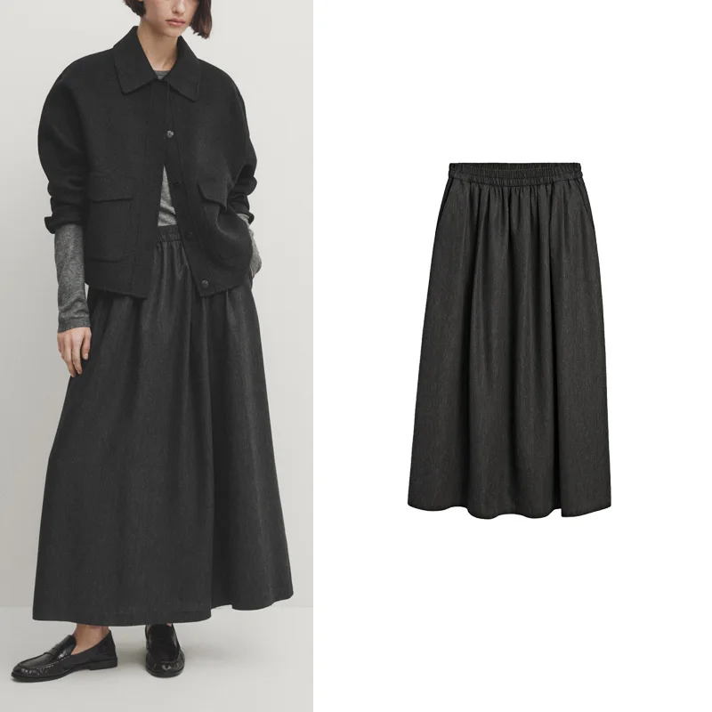 Grey Series Elastic Waist Midi Skirt 2024 New Style Women's Fashionable Versatile Pleated Half-length Polyester Fiber A-Line ...
