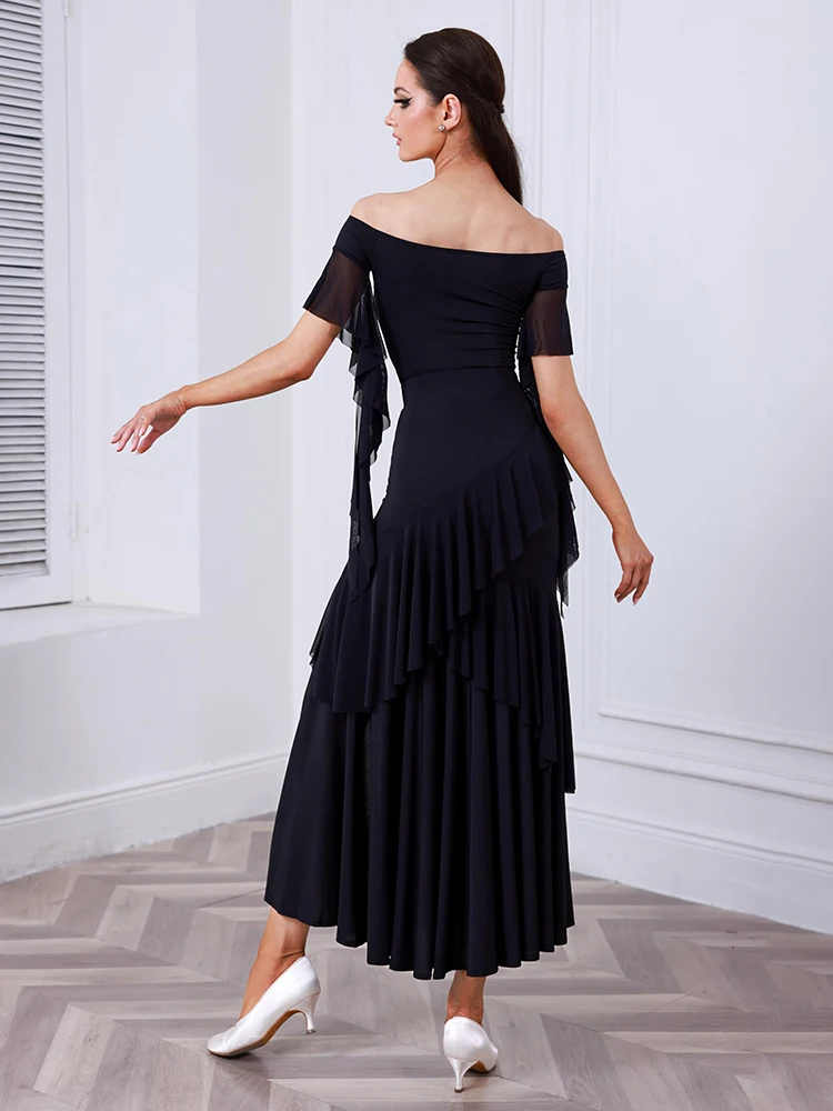 2025 schwarz Ballroom Dance Kleid Standard Modern Dance Kleidung Frauen Walzer Leistung Tragen Off Schulter Body Rock AMY 2555