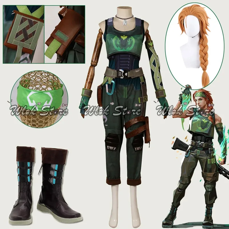 

Game VALORANT Cosplay Skye Costume Wig Headscarf Uniform Pocket Bags Accessories Men Women Halloween Party Outfits Shoes Boots