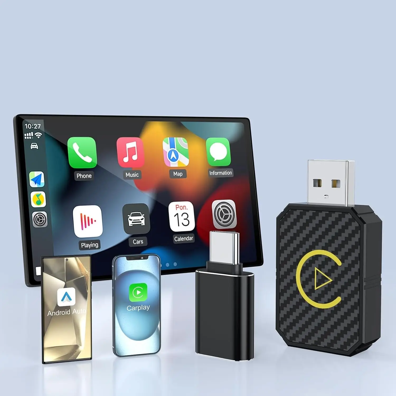 2025 Upgraded Mini USB Android Auto and Wireless CarPlay Adapter Convert Factory Dongle, Stick for iOS 12+/Android No Delay