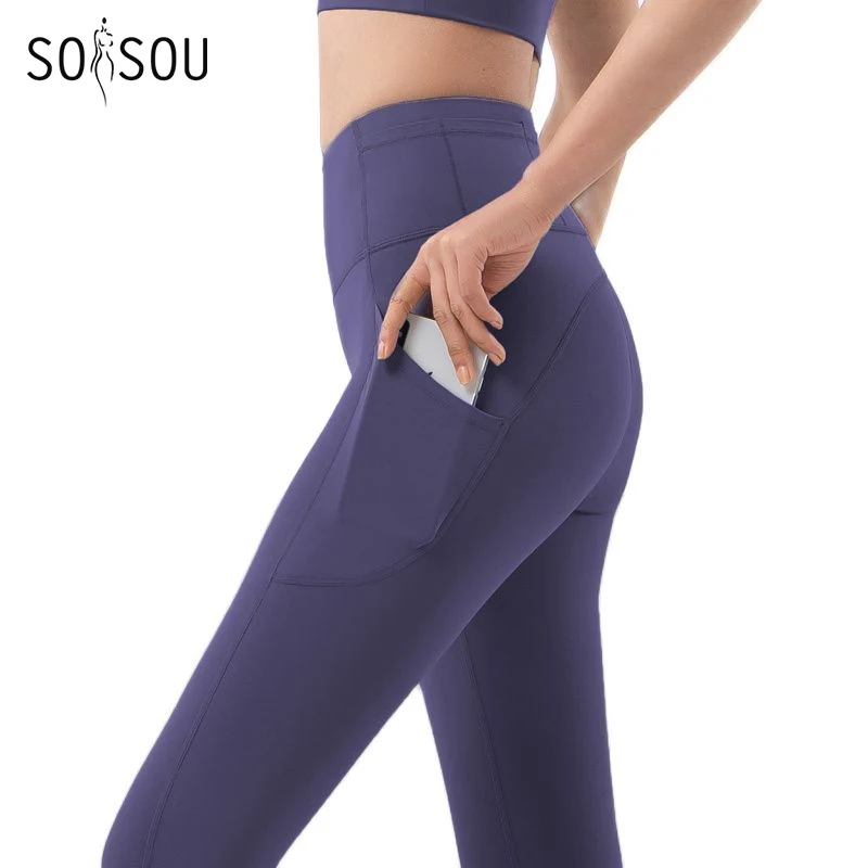 SOISOU-Leggings elásticos de nylon para mulheres, calças esportivas com bolso, calças ioga, ginásio Fitness