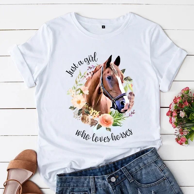 

Just A Girl Love Horse Print Женская футболка с коротким рукавом и круглым вырезом Женская футболка Flowar Horse Женская футболка Топы Camisetas Mujer