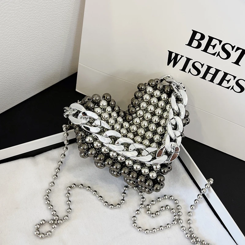 Cute Heart Shape Mini Crossbody Bags For Women Love Handbag Luxury Pearl Evening Bag Lipstick Pouch Purse Thick Chain Clutches