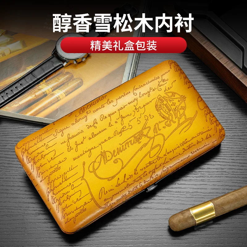 Portable Leather Cigar Case Humidor Box CA-25IR 4 Cigars Holder Cedar Wood Lined Travel Cigar Accessories Gift Set for Men