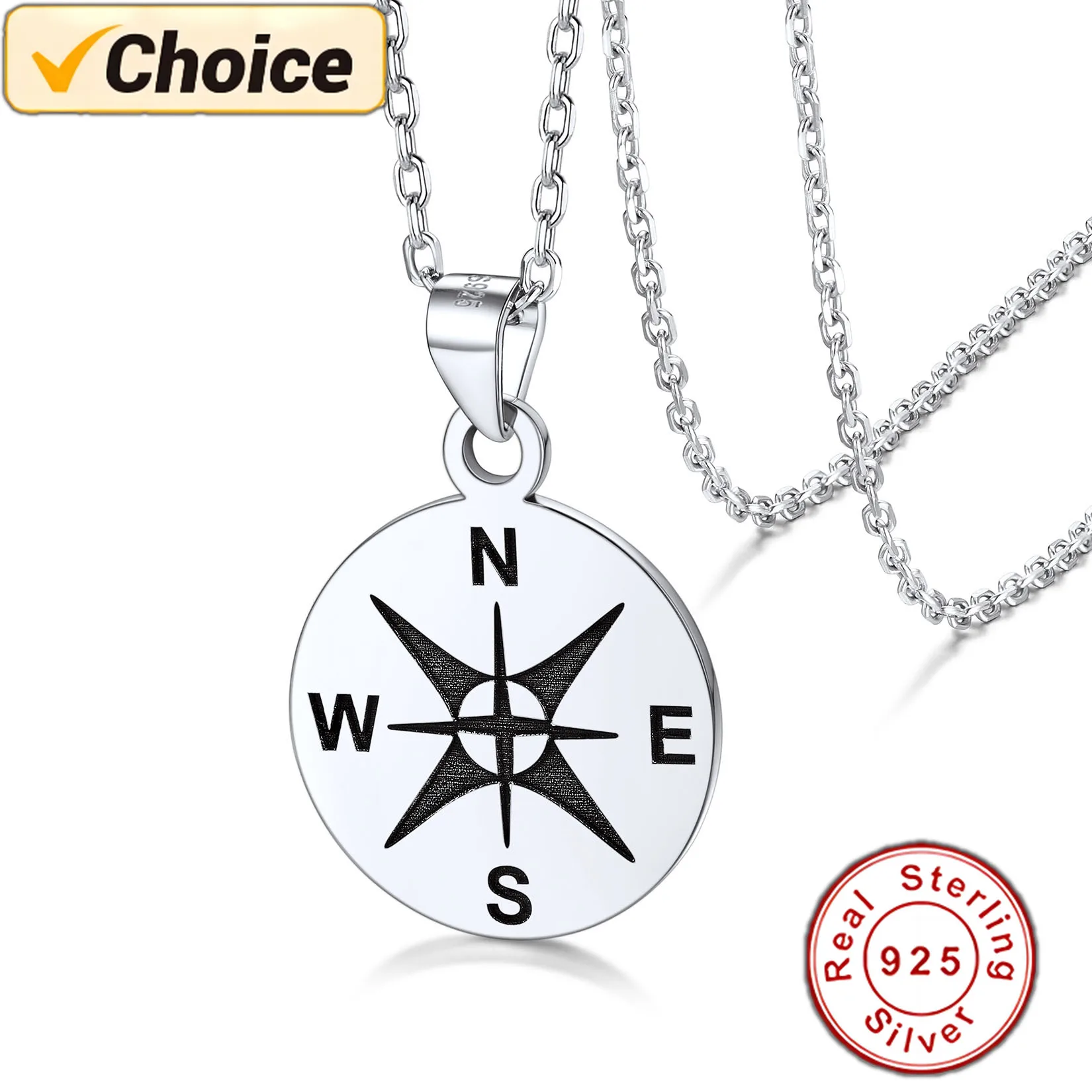 

925 Silver Compass Pendant Necklace Symbol Pendant Jewelry for Women Men Chain 18''