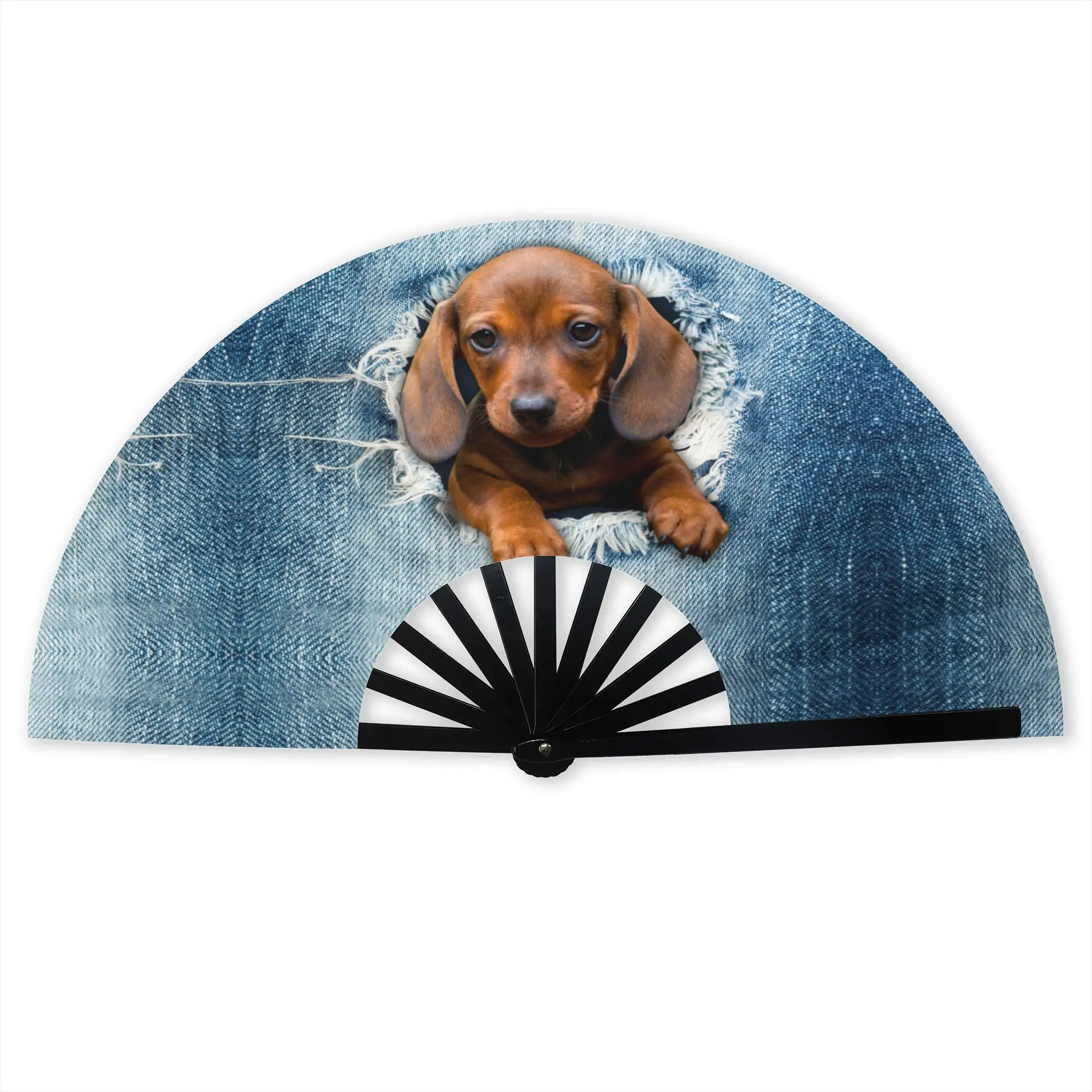 Dachshund Dog Torn Jean Folding Hand Fan Wiener Badger Sausage Dog Polyester Fabric Fan Funny Summer Accessory Decorative Fans