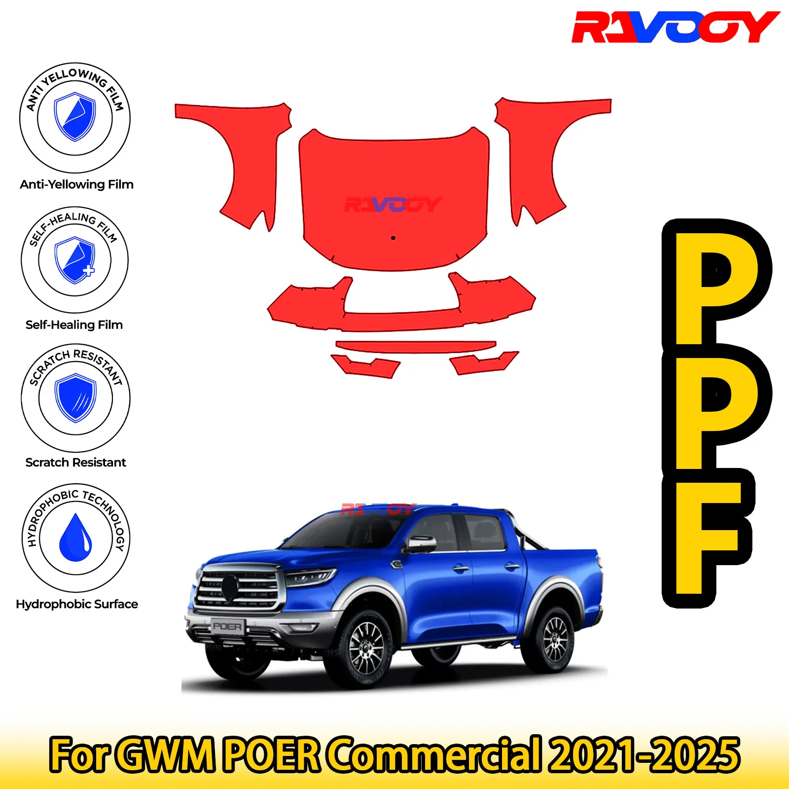 

Для GWM POER Commercial 2021-2025 глянцевая матовая черная предварительно вырезанная передняя PPF комплект защитная пленка для краски