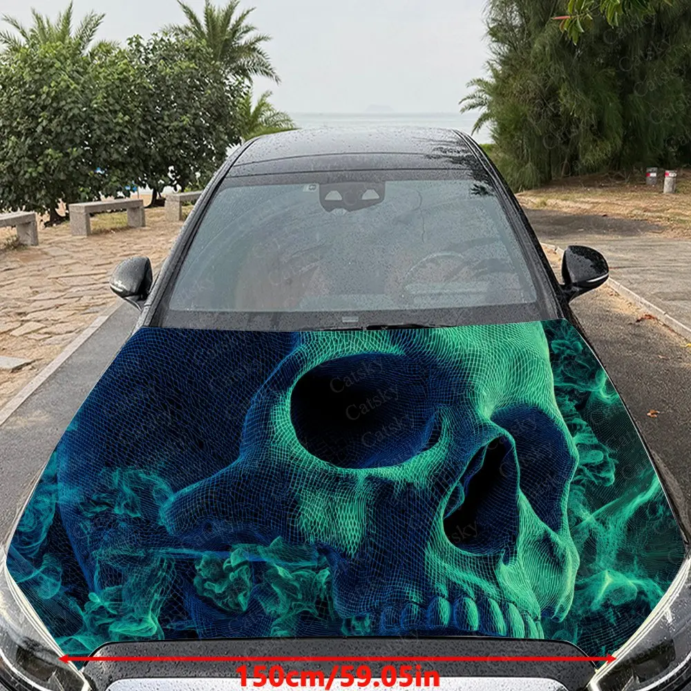 Car Decal Green Skull with Neon Textural Artistic Fusion Design, Creating a Mysterious and Cyber-Gothic Visual Car Hood Sticker,