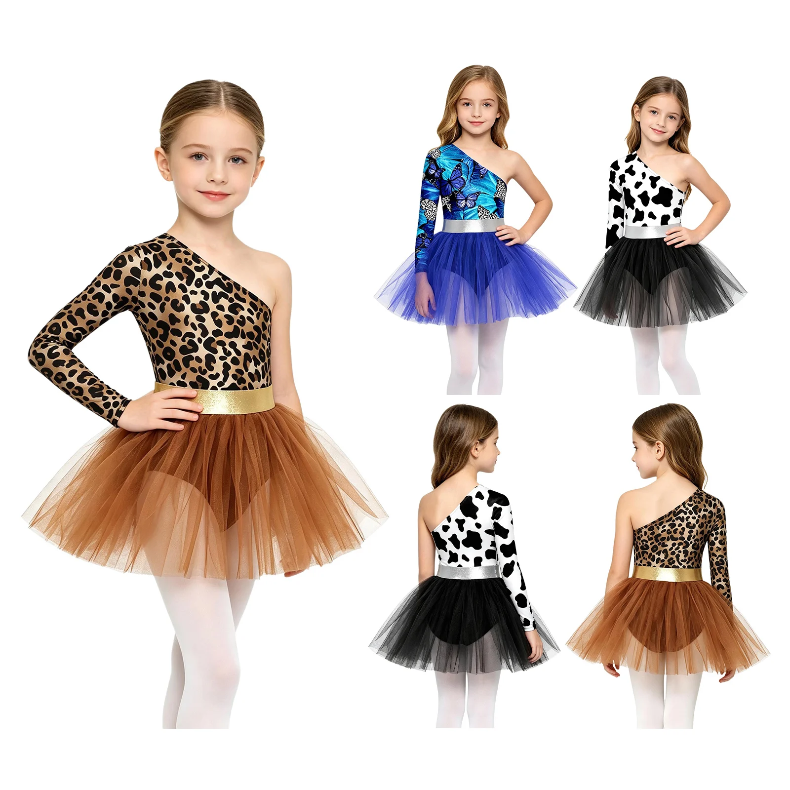 Kinder Mädchen Tiermuster Ballett-Tutu-Kleid Höhlenmensch-Aufführungskostüm Langarm Metallisch Bedrucktes Oberteil Tüllkleid – Detail 2