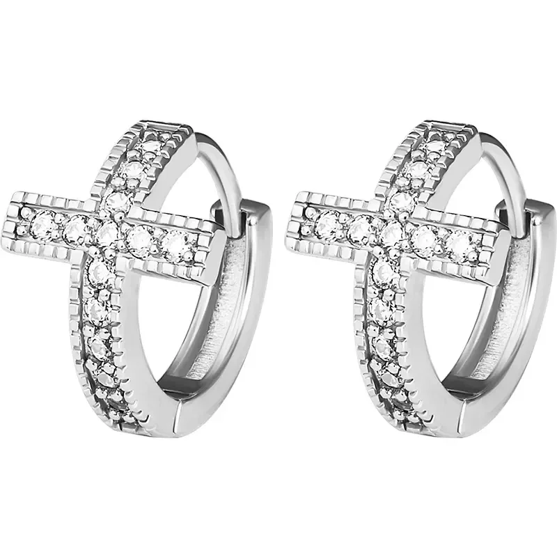 Huitan Exquisite Kreuz Spleißen Kreis Creolen für Frauen Glänzende Zirkonia Ohr Zubehör Charms Party Glaube Schmuck