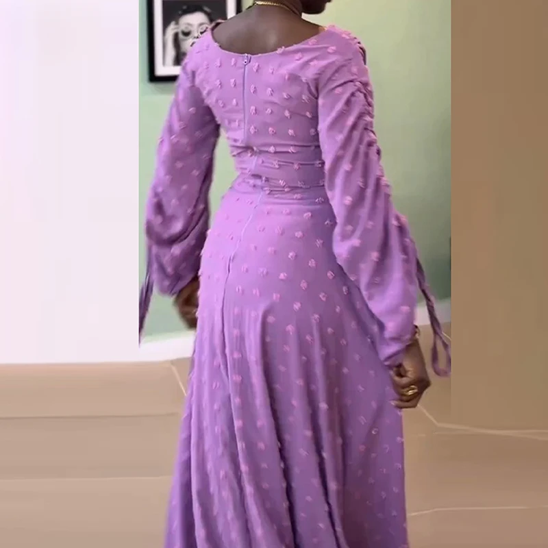 أنيقة الجاكار الصلبة المرأة فستان الحفلات موضة سوينغ طوق تخفيف رداء فستان عادية مطوي كم طويل الرباط فستان طويل