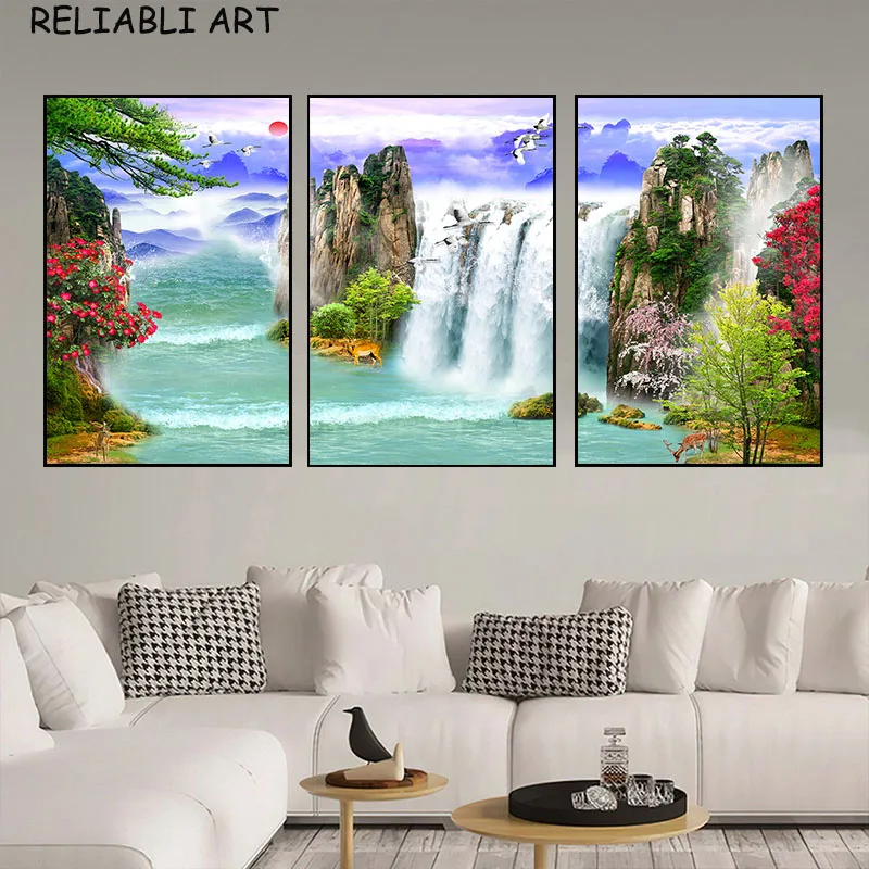 Waterfall Lotus Crane Sunset Landscape Poster and Print Chinese Style Canvas Painting for Living Room Home Decor No Frame