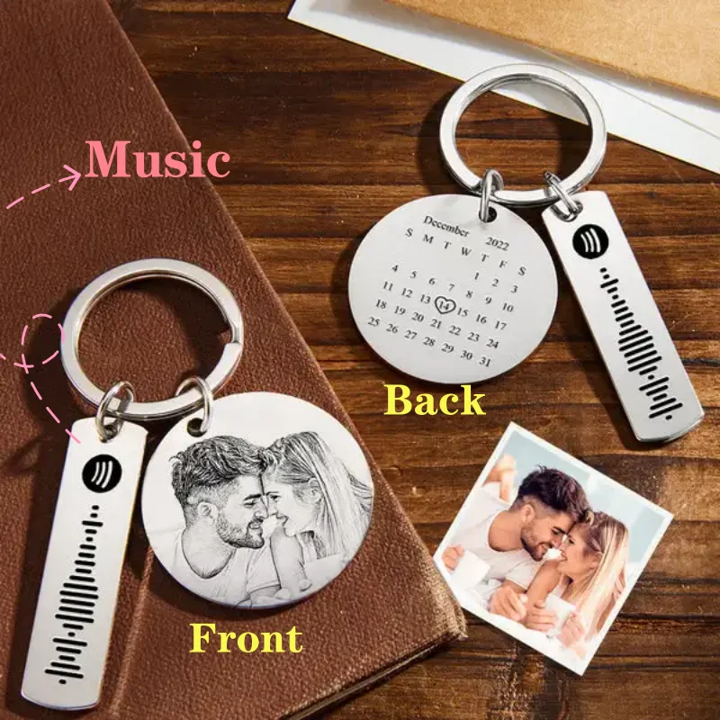 3cm Round Calendar Custom Photo KeyChain Spotify Code Stainnless Personalized Date Engraved Customized Musical Memorial Gift