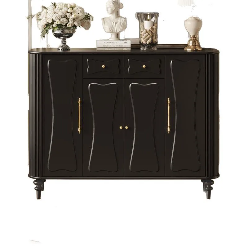 

French retro home shoe cabinet, entrance cabinet, integrated black lacquered solid wood, American birch home rounded corner