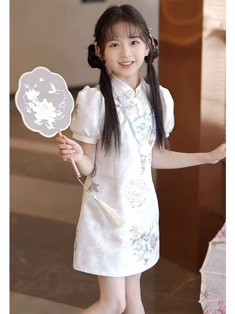 2026 summer Kids Girls solid Chinese white Cheongsam Qipao Princess fairy Teenager New Year Dress Clothing 4 8 9 10 12 14 Years