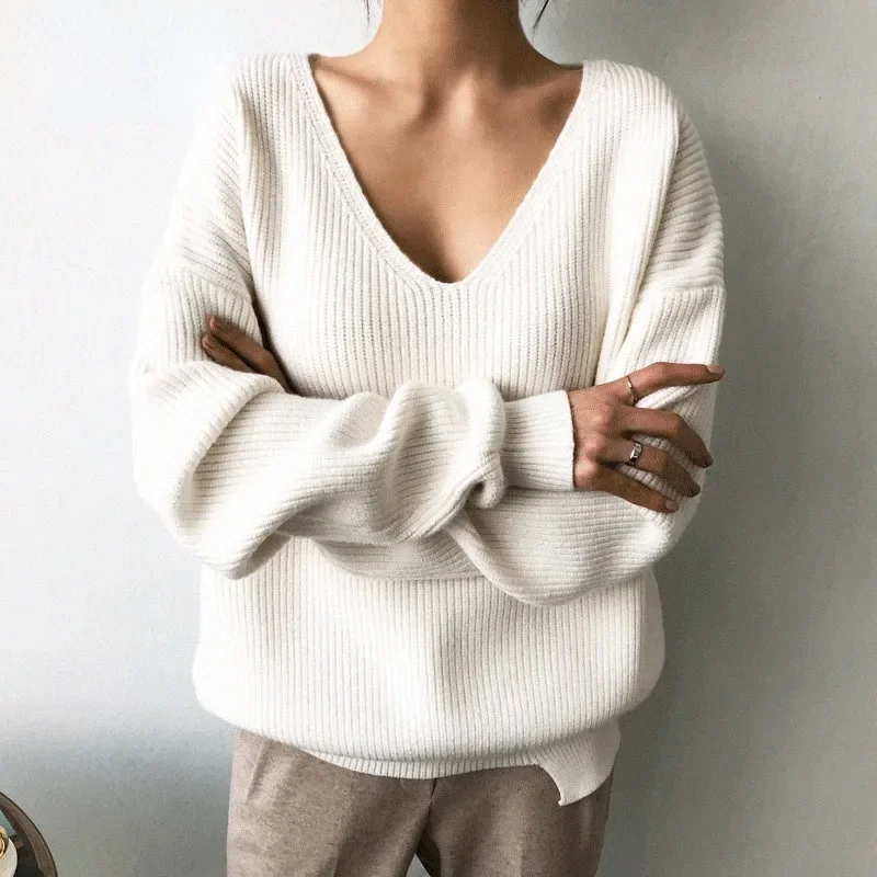 

Fashion Autumn Korean Knitted Solid Sweater V-Neck Tops Winter Loose White Pullover Women Clothes