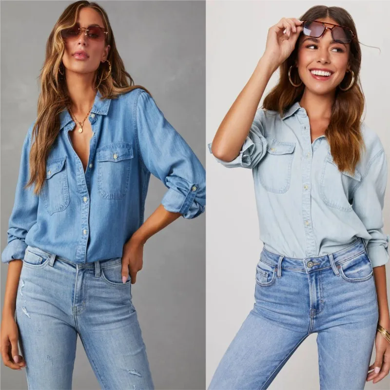 

summer Thin Denim Shirt Women's Single-breasted Splicing Pocket Long Sleeve Lapel Tops Ladies Comfortable Commuter Casual Blouse