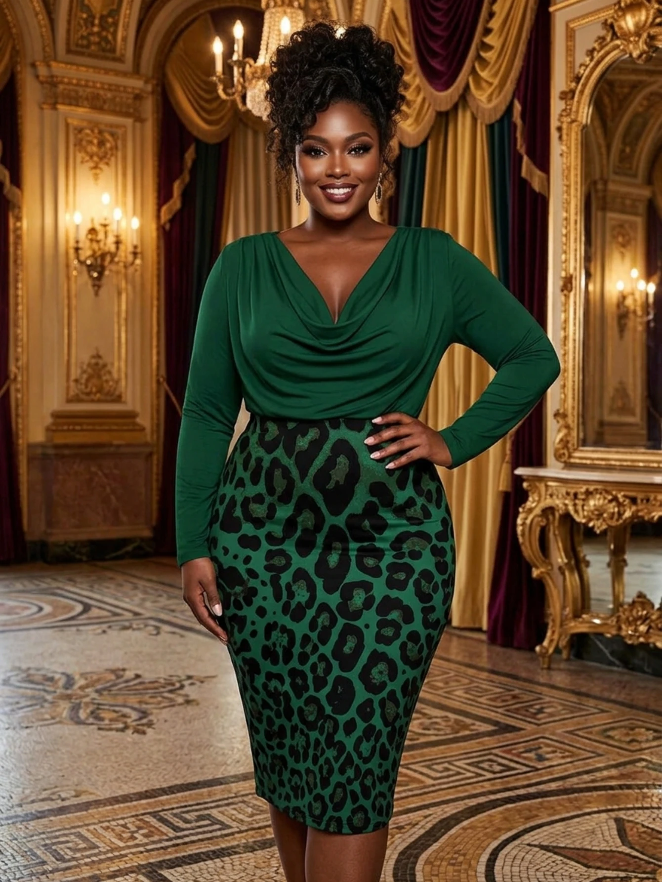 Women Long Sleeve Cowl Neck Leopard Print Midi Dress Elegant Bodycon Pencil Dress For Evening Party Formal Occasion Slim Fit