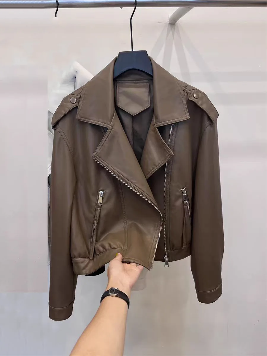 Women's Short, Slim-Fit, Stylish, Flattering Fake Leather Motorcycle Jacket - Trendy Bomber Coat