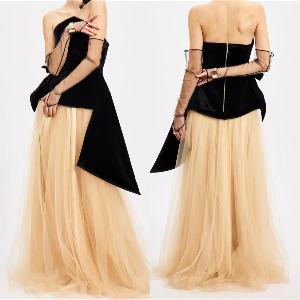 

Customized Sexy Fashion Tulle Pleat Ruched A-line Strapless Long Dresses Bespoke Occasion Dresses Matching High Quality Elegant