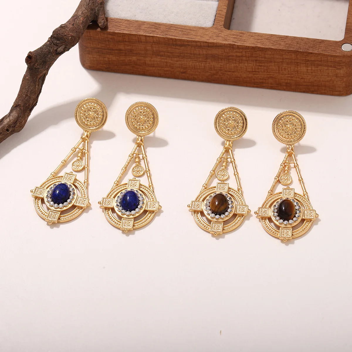 

Vintage 18K Gold Plated Drop Earrings with Lapis lazuli Stone & Rhinestones - Elegant Geometric Women's Jewelry Daily Ear Charm