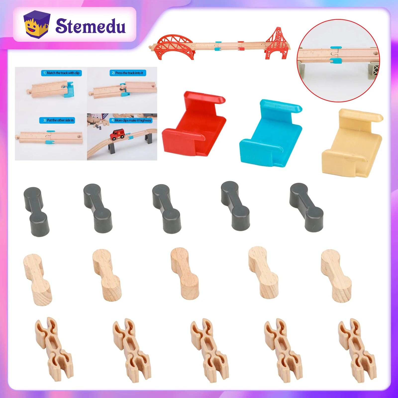 Conector de vía de tren de ferrocarril de madera, accesorios de pista a granel, soporte de juguetes, juguetes de escena de pista a presión de madera, 10 Uds.