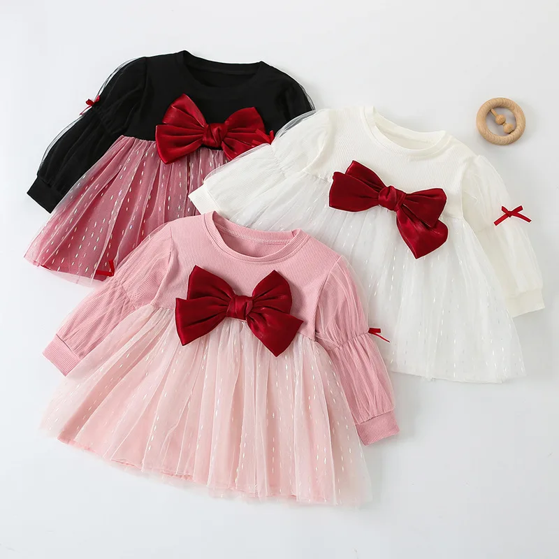 Spring and Autumn Princess Dress Girls Mesh Bowknot Long Sleeve Dress Cute Tutu Skirt Kids  Outfit