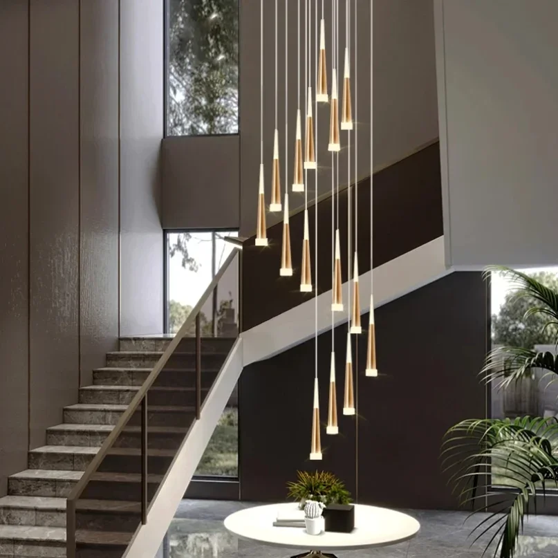 

Black Stair Chandelier Modern Duplex Architecture Interior Decoration Living Room Dining Room Ceiling Chandelier Led Light Line