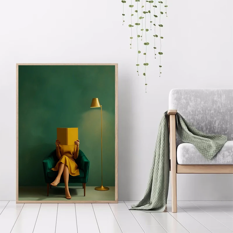 1pc frameless Canvas Painting Minimalist Emerald Green Woman Reading Poster Print Homely Art Book Lover GiftsCanvas Painting Bed
