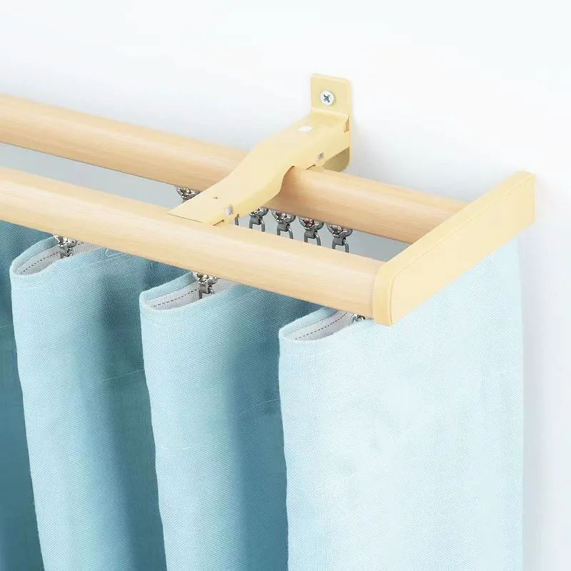 Wall Mounted Wood Grain Curtain Rails Decorative Silent Roman Pole with Light Leakage Prevention for Bay Window
