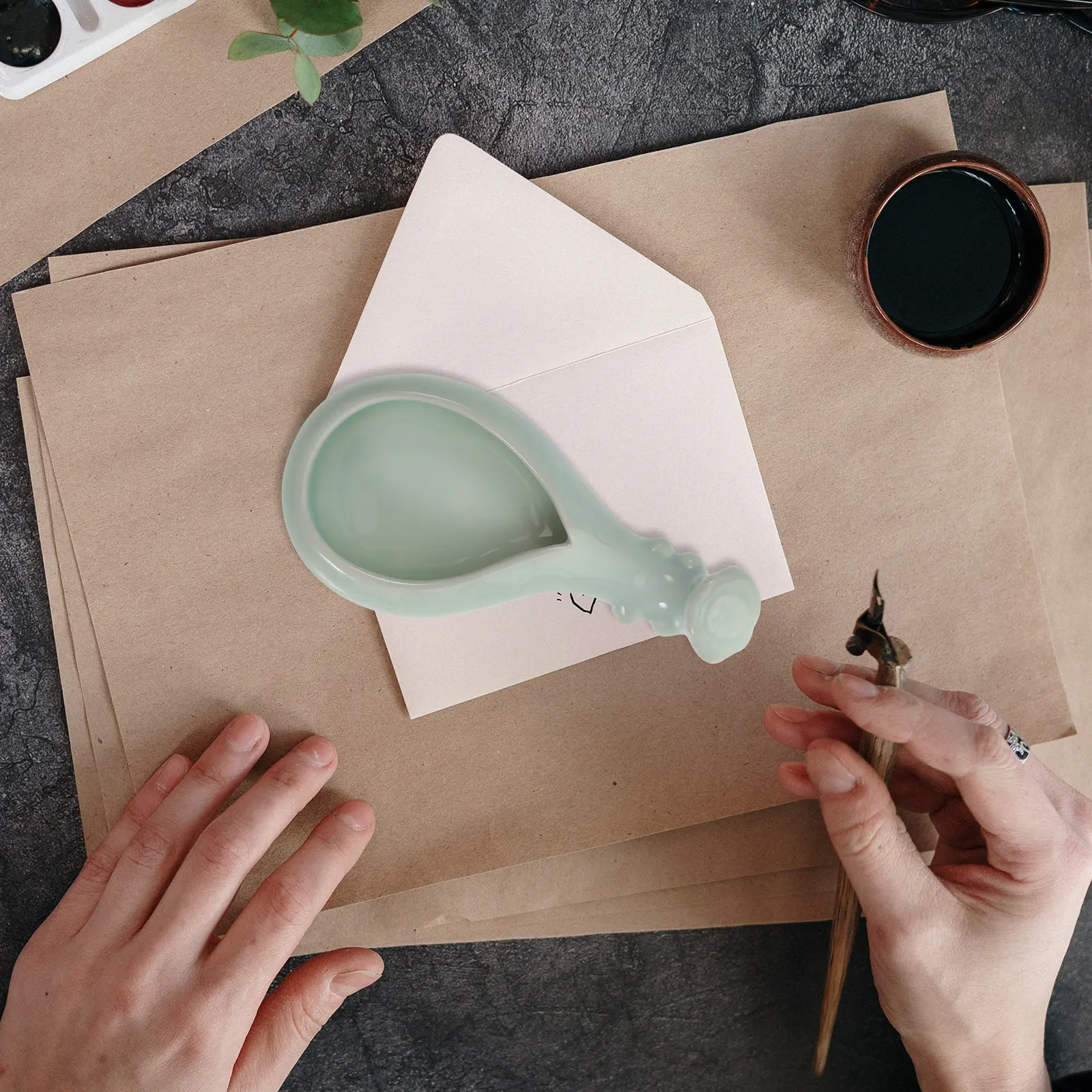 1Pcs Ceramic Lute Shaped Ink Dish Ink Plate Brush Pen Holder Calligraphy Brush Tray for Painting Calligraphy Lovers Artists