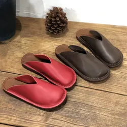 Japanese  Korean Style Retro Leather Women's Slippers Cowhide Flat Women's Sandals Summer Women's Shoes Muller shoes red brown