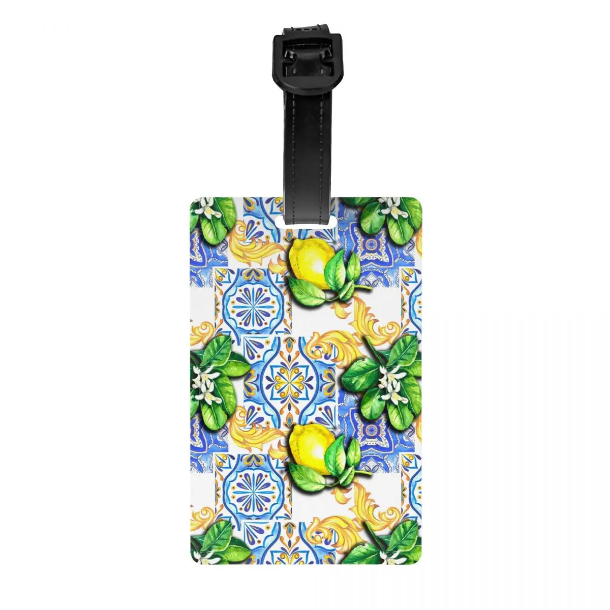 

Custom Mediterranean Tiles Summer Fruit Lemons Luggage Tags for Suitcases Privacy Cover ID Label