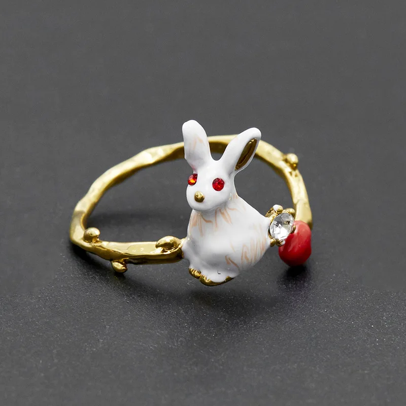 

Small Fashion Design Cute Enamel Glaze Three-dimensional Rabbit Red Love Ring Lovely Gift for Girls Zodiac Open Ring Adjustable