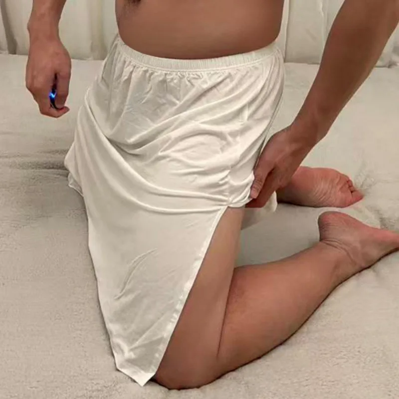 Men's Sexy Side Split Breathable Modal Sleep Bottoms Long Boxers Skirts Home Lounge Comfortable Underwear Male Elegant Housewear
