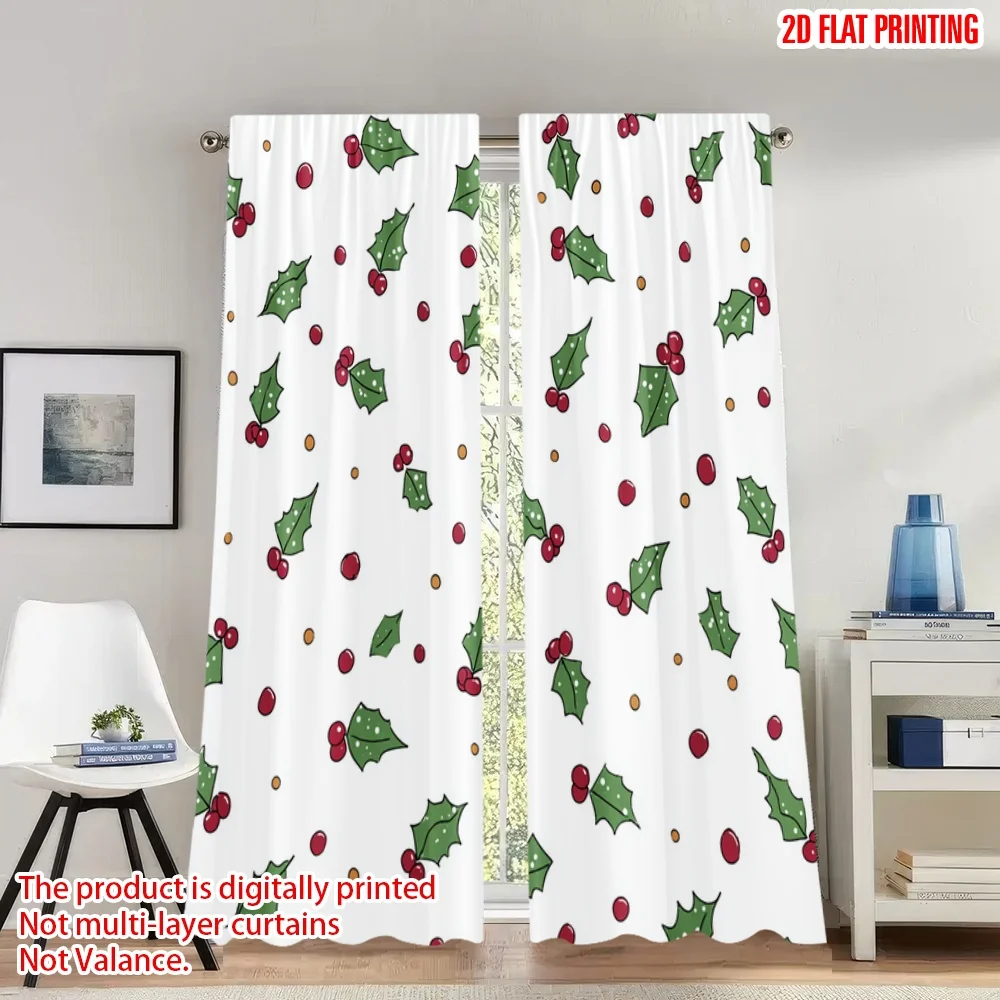 

2pcs 2D flat printing Merry Christmas Curtains Christmas Holly Berries Digital Printed Polyester Drapes Festive Wall Decor for