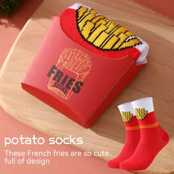 A pair of men's red French fry socks for four seasons, autumn and winter, Valentine's Day and Christmas gifts