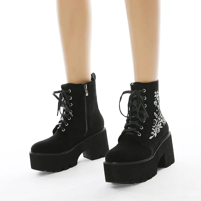 Fashion Flower Platform Boots Chunky Punk Suede Leather Womens Gothic Shoes Nightclub Lace Up Back Zipper High Quality