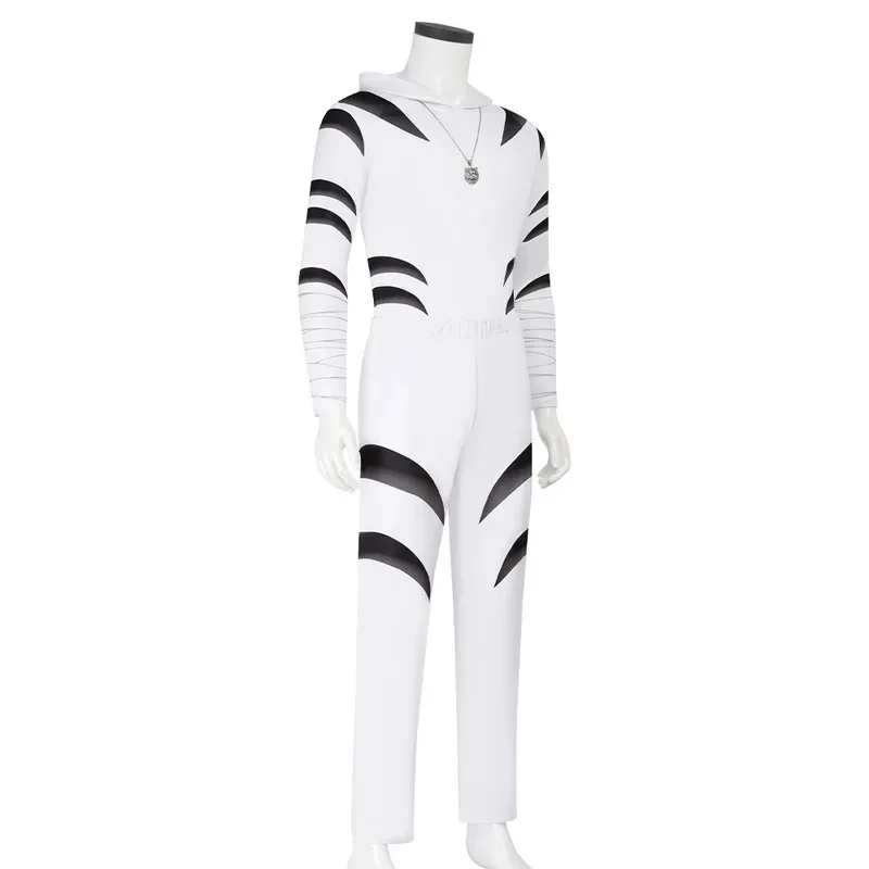 타이거 코스프레 화이트 후디 팬츠 마스크 타이트 목걸이 풀 세트 판타지 악당 헥터 아얄라 코스튬 할로윈 남성용 jk;6