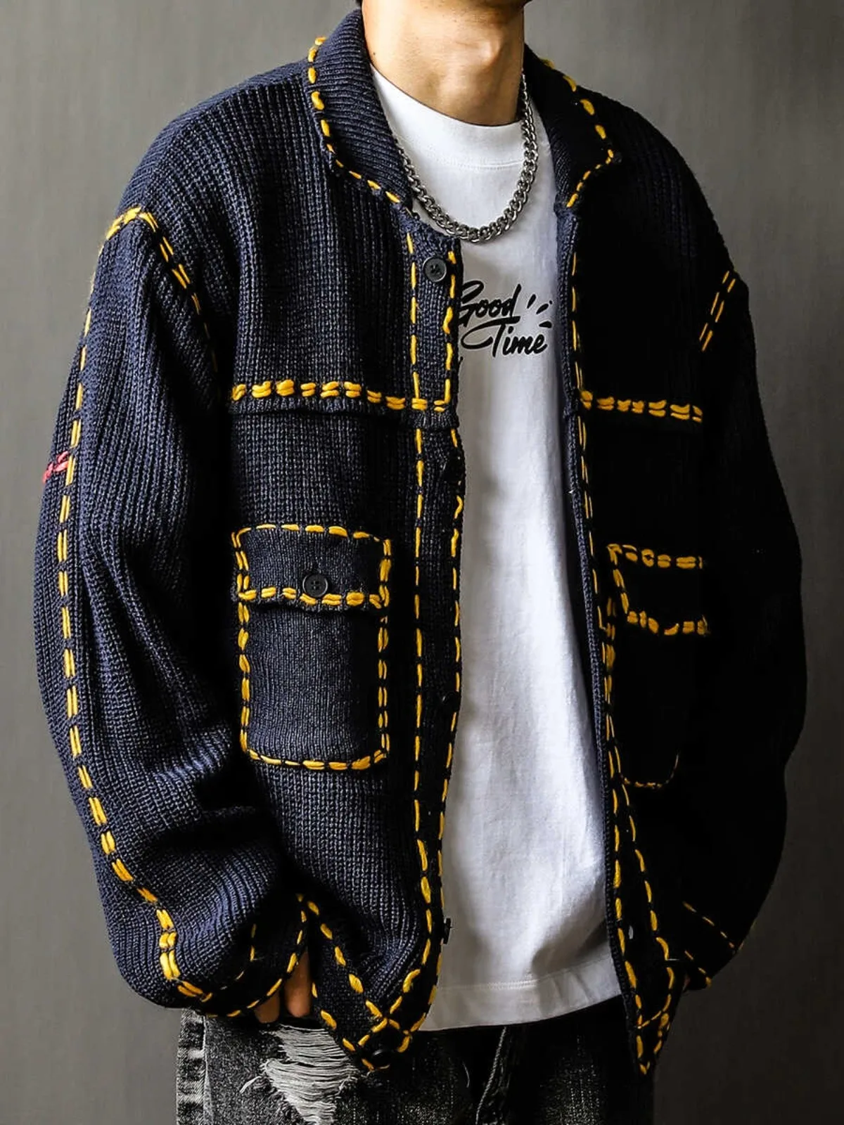 الصناعة الثقيلة الأمريكية الرجعية الرجال فضفاضة كبيرة معطف غير رسمي الربيع والخريف طوق سترة محبوكة