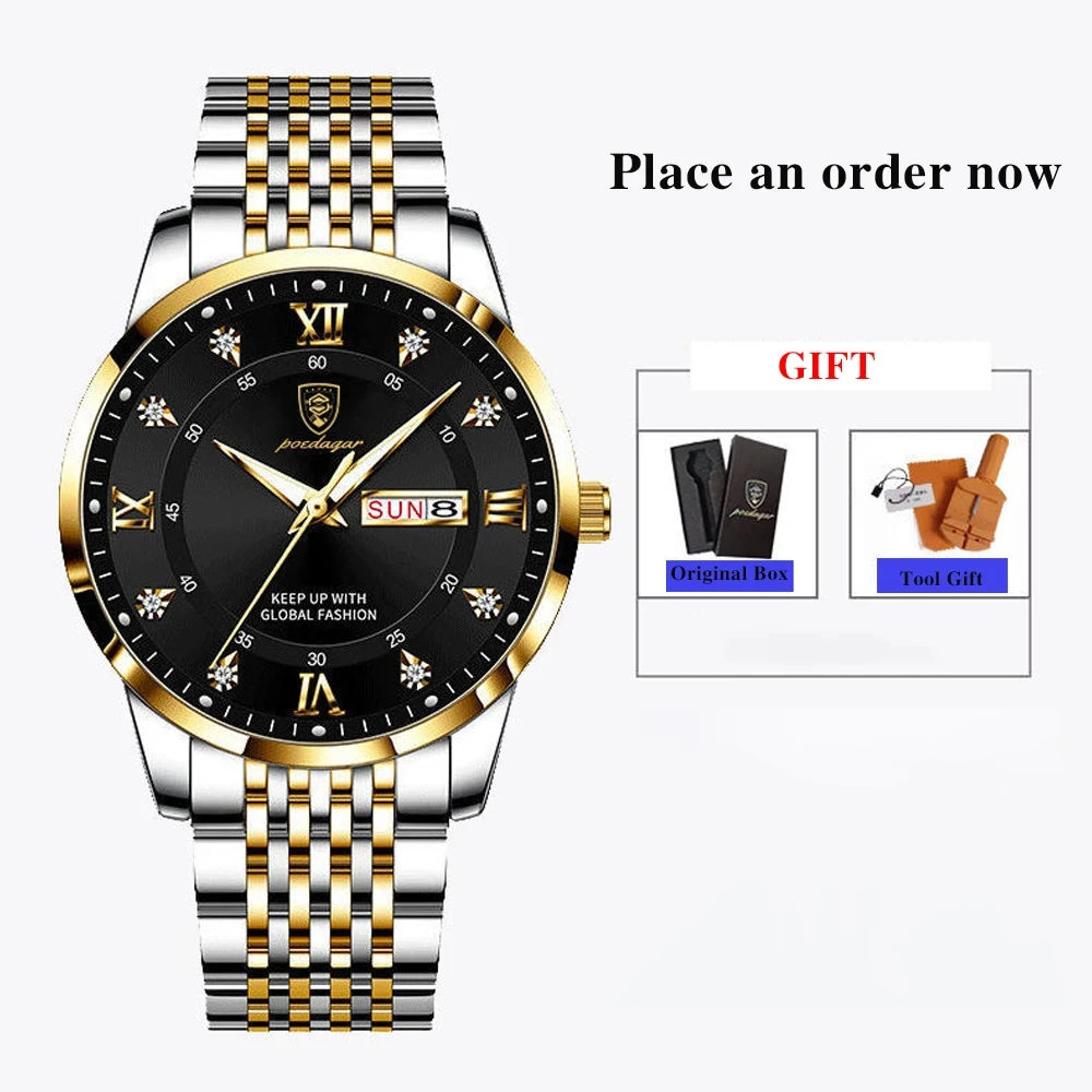 POEDAGAR-Montre de luxe en acier inoxydable pour homme, qualité supérieure, bouton poussoir, fermoir GNE, étanche, Shoous, date, semaine, sport, montres-bracelets