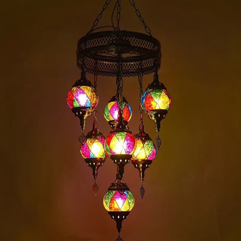 Chandeliers E27 Colorful Handmade Glass Lampshade Industrial Suspension 1/7 Heads Pendant Lamp Ceiling Lights Living Room