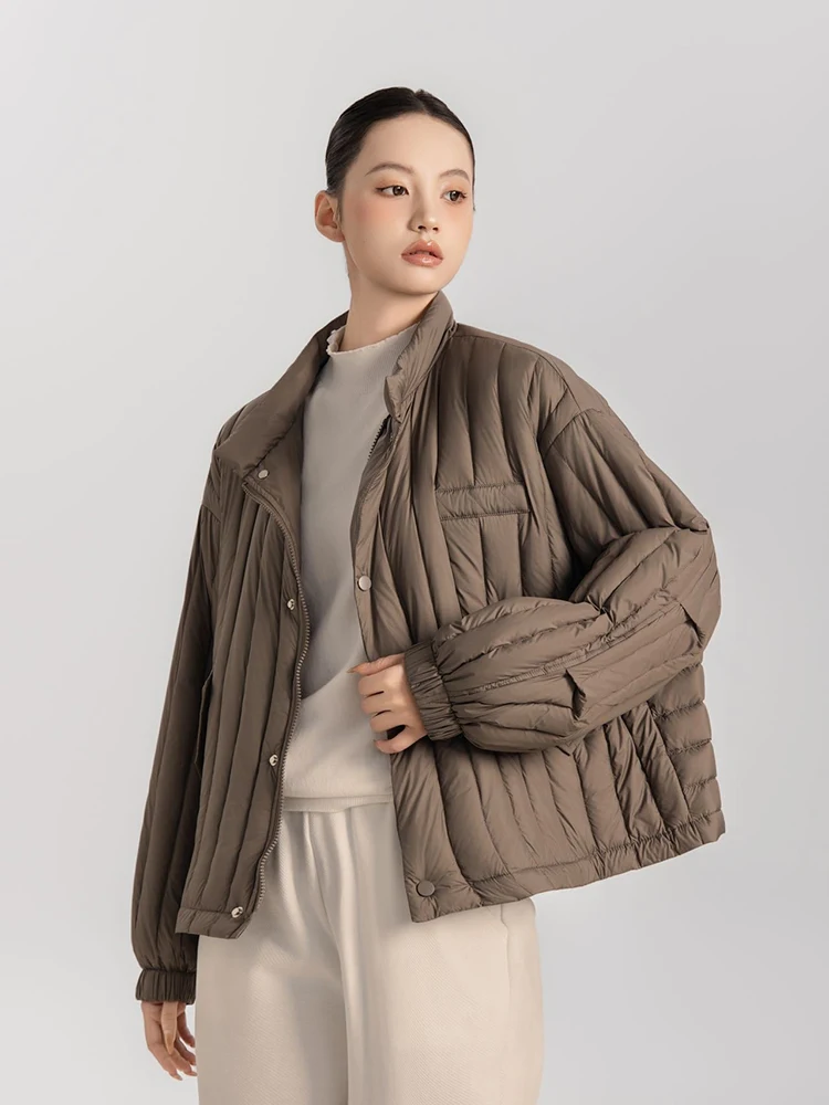 Winter White Duck Down Stand Collar Down Jacket Women Vertical Stripes Vertical Stripes Warm Jacket Female Quilted Parka Outwear
