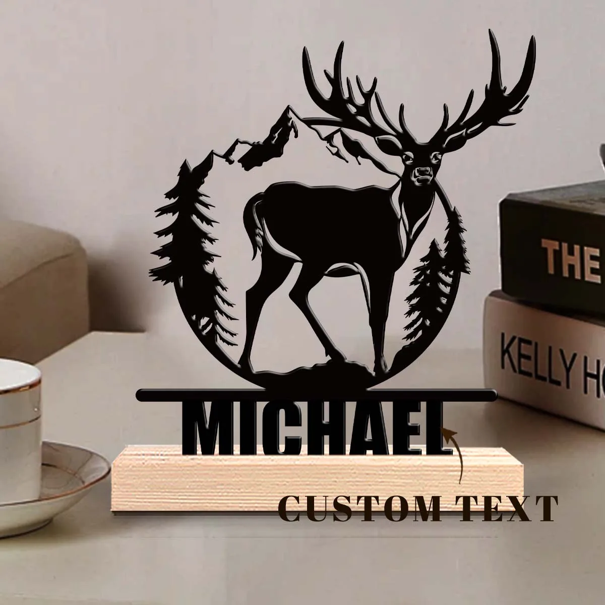 1pc Desktop Metal Ornaments Customizable Content Equipped with Wooden Base Holiday Gifts for Family and Friends