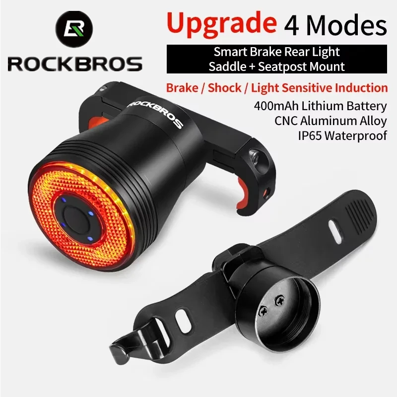 ROCKBROS Expédition locale, éclairage de vélo Q5, détection automatique du freinage, intelligent, IPX6, feu arrière de vélo, charge USB, lampe de vélo, lampe torche