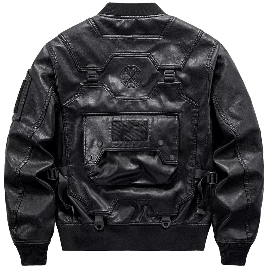 Chaqueta de PU con múltiples bolsillos para hombre, abrigos de bombardero de carga, chaqueta de motociclista negra Techwear