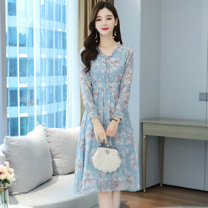 Retro Chiffon Dr frauen Frühling Neue Sle Abnehmen Taille Midi Länge Lange Sve Blumen Druck V-Ne Hohe Taille a-linie Rock